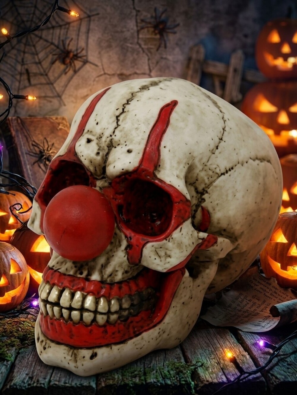 Clown Skull Decor with Red Accents